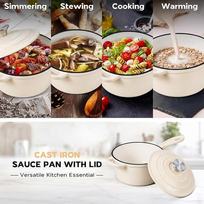 Onader 2QT Saucepan with Lid, Enameled Cast Iron Sauce Pan Pot, Small Dutch Oven Cooking Kitchen Pot, Nonstick & Heavy Duty – Cream White