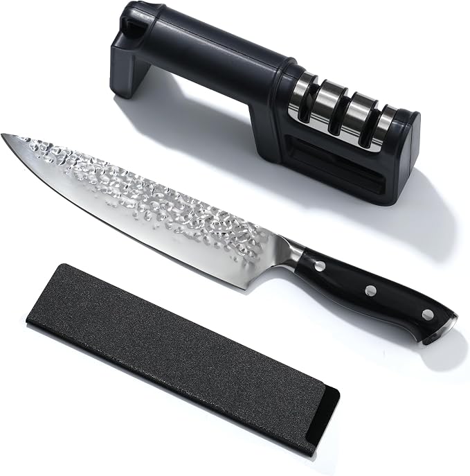 DARK EDGE 3PCS Kitchen Knives Set, 8 Inch Chef Knife with Black Sharpener and Blade Guard, Professional Kitchen Chef's Knife Set 05