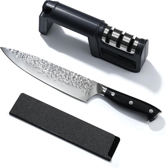 DARK EDGE 3PCS Kitchen Knives Set, 8 Inch Chef Knife with Black Sharpener and Blade Guard, Professional Kitchen Chef's Knife Set 05