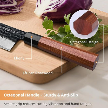 FINDKING Japanese Santoku Knife 7 Inch, Multipurpose Japanese Chef Knife with High Carbon Steel Blade, Rosewood Octagonal Handle, for Meat, Fish, Fruits and Vegetables, Dynasty Series
