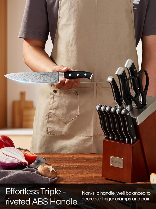Knife Set, FOHERE 14 Pieces Self Sharpening Knife Block Set, Waved Pattern High Carbon Stainless Steel Knife Set, Rust & Stain Resistant Kitchen Knives and Triple Riveted Handle, Reddish Brown