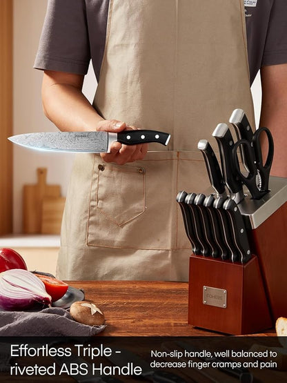 Knife Set, FOHERE 14 Pieces Self Sharpening Knife Block Set, Waved Pattern High Carbon Stainless Steel Knife Set, Rust & Stain Resistant Kitchen Knives and Triple Riveted Handle, Reddish Brown
