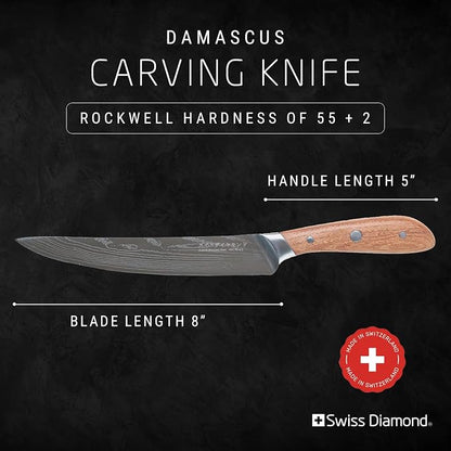 Swiss Diamond Carving Knife, German Steel with Carbonized Ash Wood, Full Tang Handle, Damascus Blade Chef Knives Professional Grade, 55+2 Rockwell Hardness, 8 Inch