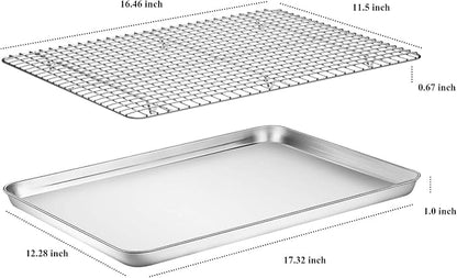 Baking Sheet with Cooling Rack Set [2 Sheets + 2 Racks], Deedro Stainless Steel Cookie Half Sheets Baking Pan Oven Tray with Rack, 17.3 x 12.3 x 1 Inch, Heavy Duty, Non-toxic, Dishwasher Safe