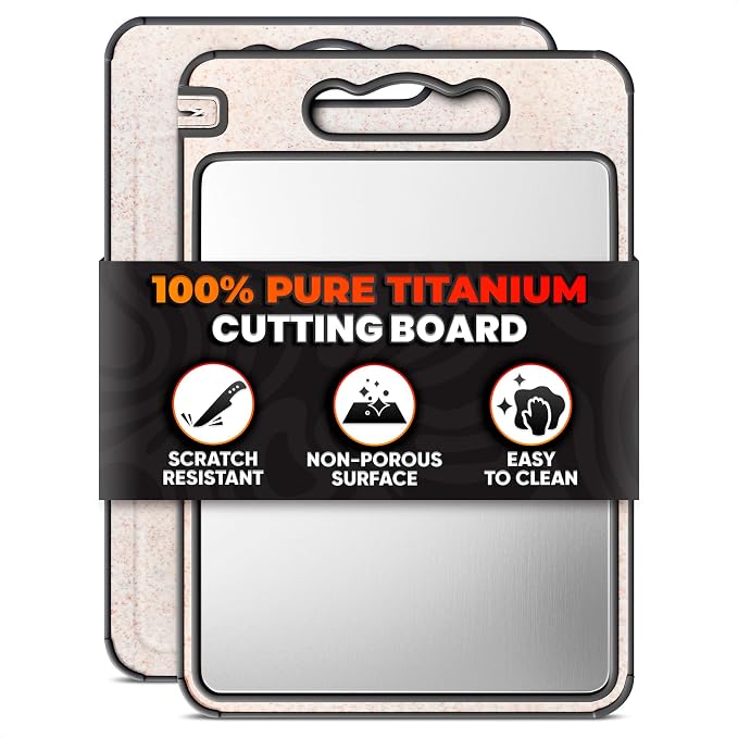 Titanium Cutting Board with Knife Sharpener 14.3"x9.8" – Double Sided GR1 Titanium Cutting Boards for Meat, with Wheat Straw + PP Side for Fruits – Built-in Handle, Garlic Grater & Juice Grooves