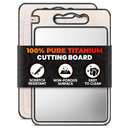 Titanium Cutting Board with Knife Sharpener 14.3"x9.8" – Double Sided GR1 Titanium Cutting Boards for Meat, with Wheat Straw + PP Side for Fruits – Built-in Handle, Garlic Grater & Juice Grooves
