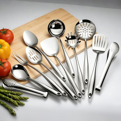 304 Stainless Steel Cooking Utensils Set, 11 PCS Long Large Metal Cooking Utensil Tools Set, Mirror Polished Kitchen Gadget Cookware and Kitchen Tool Set, Dishwasher Safe