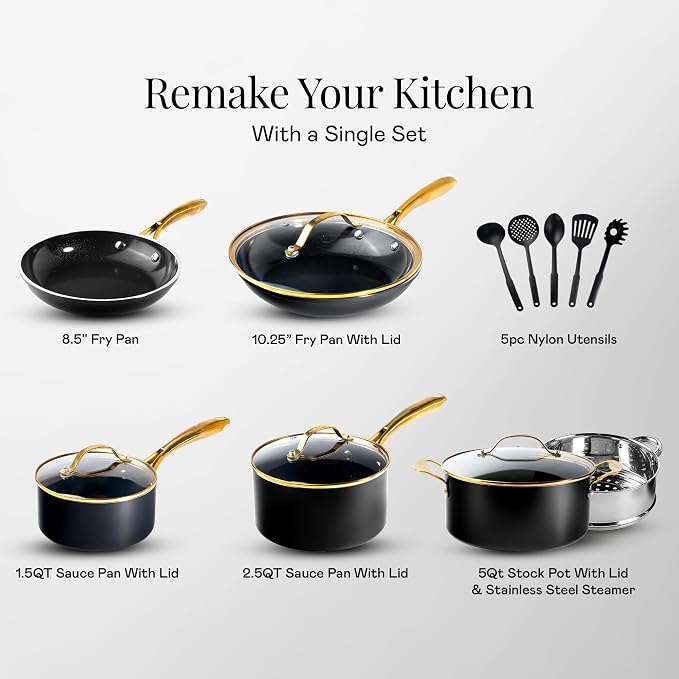Gotham Steel 15 Pc Ceramic Cookware Set Nonstick, Ceramic Pots and Pans Set Non Stick with Steamer & Cooking Utensils, Non Toxic PFOA PFOS Free, Premium Stay Cool Handles, Oven & Dishwasher Safe