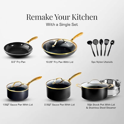 Gotham Steel 15 Pc Ceramic Cookware Set Nonstick, Ceramic Pots and Pans Set Non Stick with Steamer & Cooking Utensils, Non Toxic PFOA PFOS Free, Premium Stay Cool Handles, Oven & Dishwasher Safe