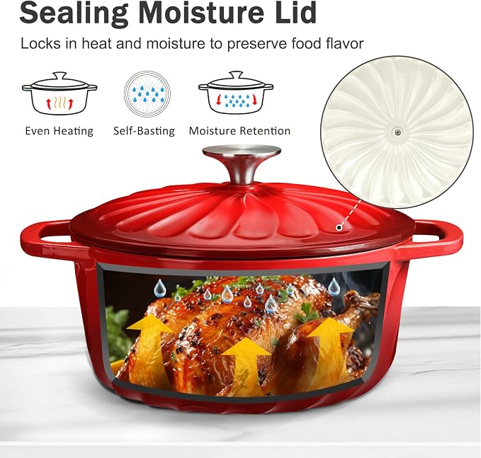 6 QT Enameled Cast Iron Dutch Oven with Lid, Non-Seasoning Enamel Coated Pot, 500°F Oven Safe, Dual Handles, Compatible with All Cooktops for Bread Baking, Braising & Stewing, White (Red,6 QT)