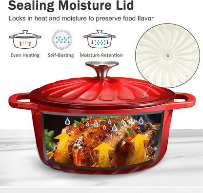 6 QT Enameled Cast Iron Dutch Oven with Lid, Non-Seasoning Enamel Coated Pot, 500°F Oven Safe, Dual Handles, Compatible with All Cooktops for Bread Baking, Braising & Stewing, White (Red,6 QT)