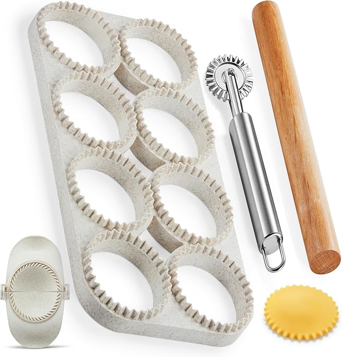 Ravioli Maker Press, Ravioli Press Mold Set - Round Ravioli Stamp Maker Cutter with Wood Rolling Pin, 2.6" Empanada Maker Press Kit and Ravioli Wheel, Makes 8 Ravioli