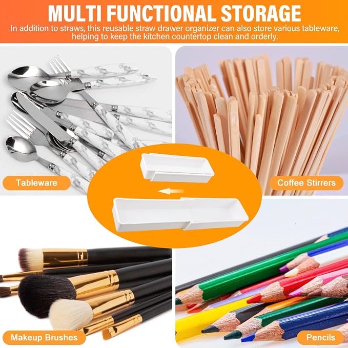 Expandable Straw Organizer for Cabinet, Reusable Multi-Functional Long Straw Drawer Storage for Kitchen Home(COLOR:White)