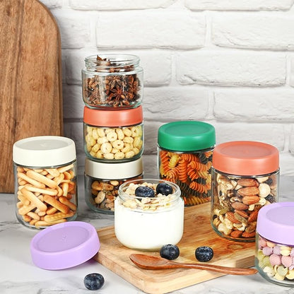 Hoa Kinh Glass Food Storage Jars with Lids, 10oz 4Pack Leak Proof Small Glass Jars for Overnight Oats, Cereal, Clear Empty Glass Jars with Lids for Kitchen(Red, Green, Purple and White)