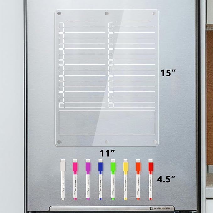Neatsure Acrylic Grocery List Magnet Pad for Fridge, Reusable to Do List for Refrigerator, Clear Notepad Note Planning Board, Shopping List, Reminders, w/ 8 Colors Markers, 15"x11"