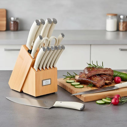 WANGMAZI Knife Block Set, 15 Pcs High Carbon Stainless Steel Knife Set, Dishwasher Safe Cutlery, Kitchen Knife Set with Blades, Ideal Home Cooking Gift for Women, Natural