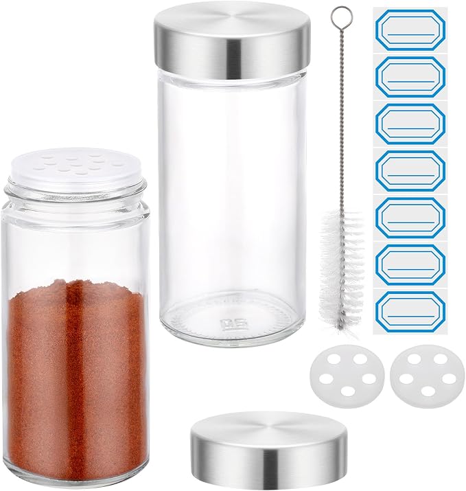 Segarty 3oz Glass Spice Jars with Stainless Steel Lids, 2 Pack 90ml Spices Jar with Labels, Round Seasoning Container for Salt Sugar Pepper Storage, Small Seasoning Bottles with 7 Stickers and 1 Brush