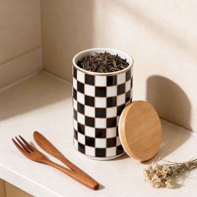 Kitchen Countertop Ceramic Checkered Canisters,Black And White Food Storage Containers With Lid,Airtight Kitchen Canisters for Flour, Sugar, Coffee, Tea, and Dry Goods (Black, Large)