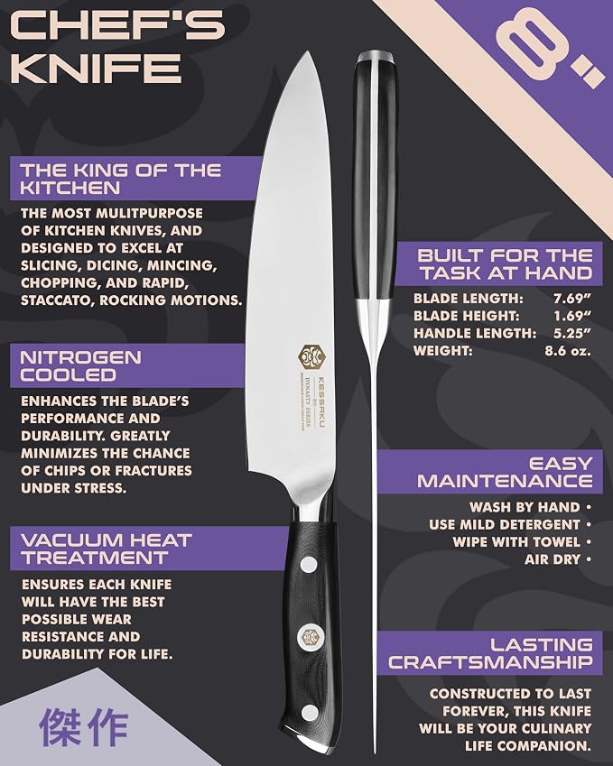 KESSAKU 8-Inch Chef Knife & 7-Inch Meat Fork Set - Dynasty Series - German HC Steel - G10 Full Tang Handle