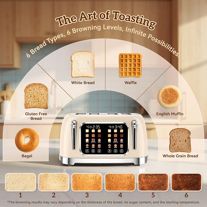 RONGBEST Retro 4 Slice Touch Screen Toaster with Stainless Steel Wide Slot, Reheat & Defrost Bagel for Family Breakfast Bread, 6 Browning Levels, Removable Crumb Tray, Cream Color