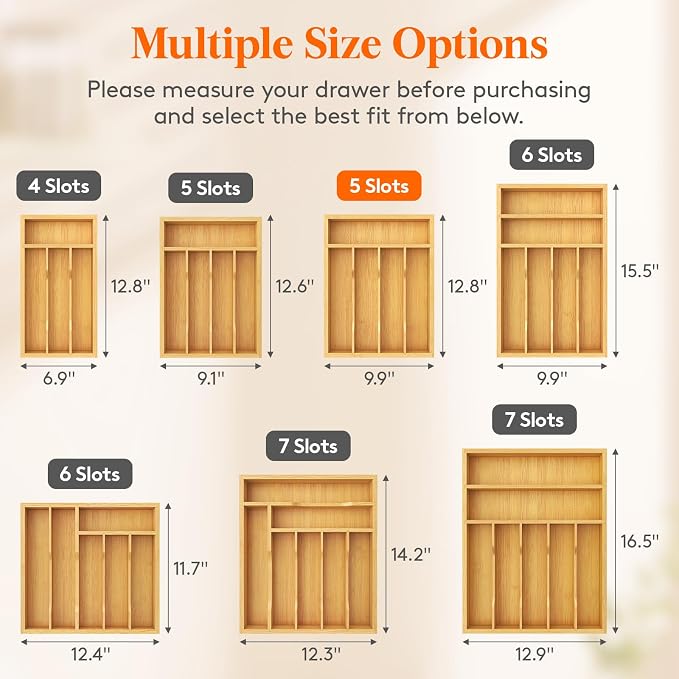 Lifewit Silverware Drawer Organizer, Utensil Tray for Kitchen, Flatware and Cutlery Holder, Storage for Spoons Forks Knives, 9.9 x 12.8", Natural