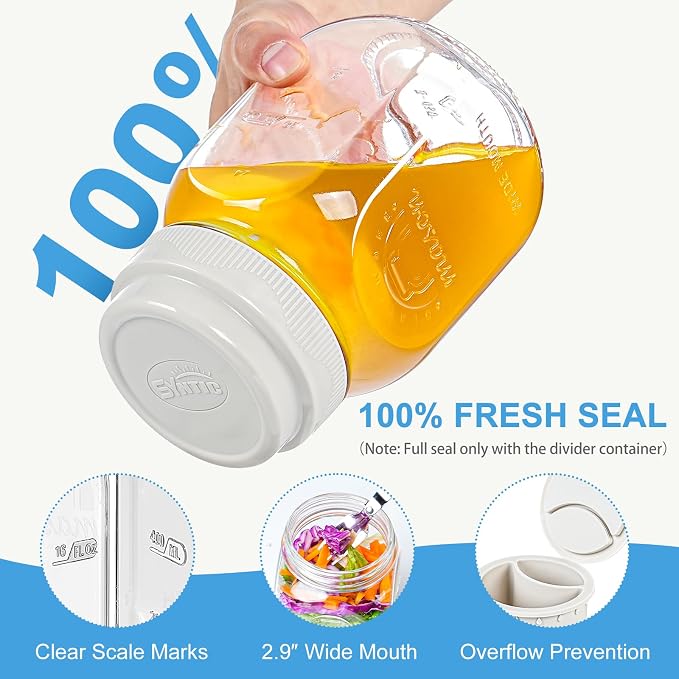 [UPGRADE] 1 Pack Glass Salad Jar with Silicone Divider Container for Meal Prep, Airtight Container for Lunch w Fork, Divider Separation for Dressing & Dry Ingredients, 32oz Overnight Oats Mason Jars