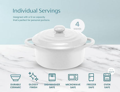 Kook Ceramic Mini Cocotte Set, Small Casserole Dishes with Lids and Handles, Individual Baking Ramekins, Oven safe 350F, Microwave & Dishwasher Safe, Stoneware, 12 oz, Set of 4, (Swiss White)