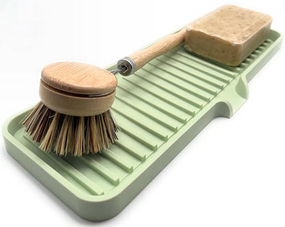 Silicone Soap Dish Tray and Sponge Holder with Drain Chute | Bathroom and Kitchen Sink Organizer Caddy (Pistachio, 12"x4", 7.4 Ounces)