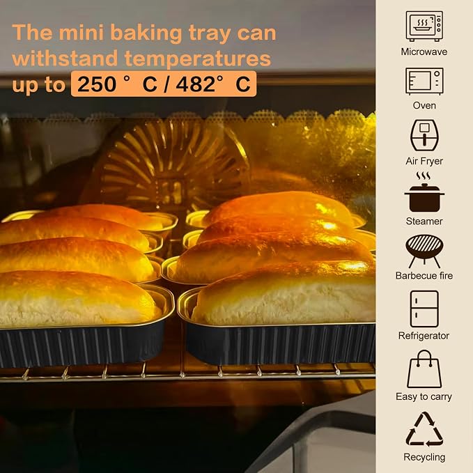 100 Pack Mini Cake Pans with Lids and Spoons, Mini Loaf Baking Pans 6.8oz, Small Disposable Aluminum Foil Loaf Pans, Rectangular Baking Container for Party and Picnics, Cheesecake Pan (Black)
