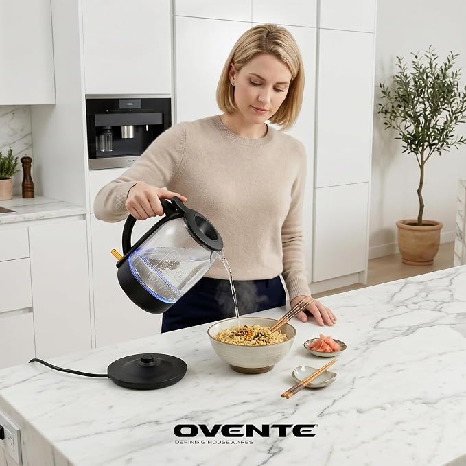 OVENTE Electric Kettle with 1.5L Borosilicate Glass, 1500W Fast Boiling Water Heater for Coffee or Tea, Easy to Fill Lid, Auto Shut-Off, Boil-Dry Protection & Stainless Steel Filter, Black KG516B