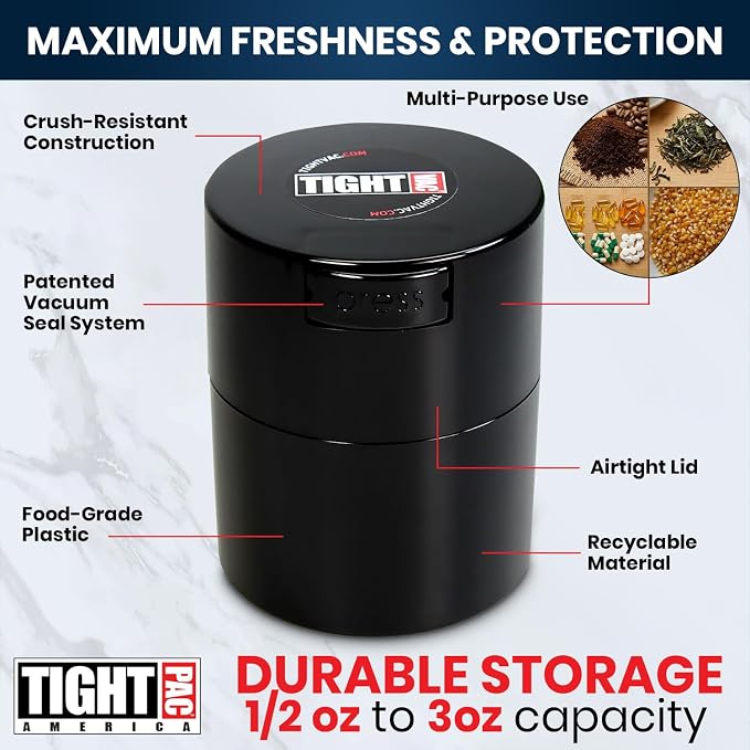 Tightvac 1/2 to 3 Ounces Airtight Herb Storage Container - Patented Vacuum Seal, Storage for Herbs, Coffee, Tea, Spices, Dry Goods - Small Odor Resistant Container, Black