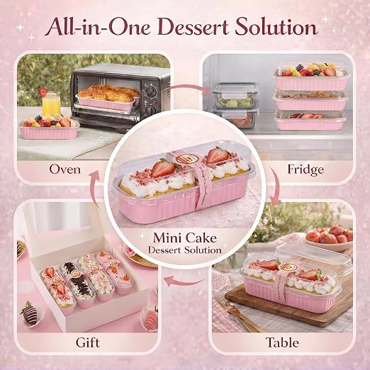 YQER 100 Pack Pink Mini Cake Pans with Lids and Spoons, 6.8oz Disposable Aluminum Foil Mini Loaf Pans Cake Tins with Stickers and Reusable Decorating Set for Small Cakes, Baby Shower, Gift and Parties