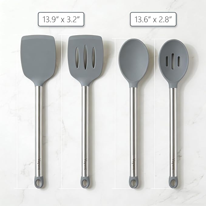 Vayvnt 4 PCS Cooking Utensils Set, Silicone Kitchen Spatula Set for Cooking, Non Toxic Silicone Kitchen Utensils with Stainless Steel Handle, Spoon and Turner, Heat Resistant&Dishwasher Safe, Gray