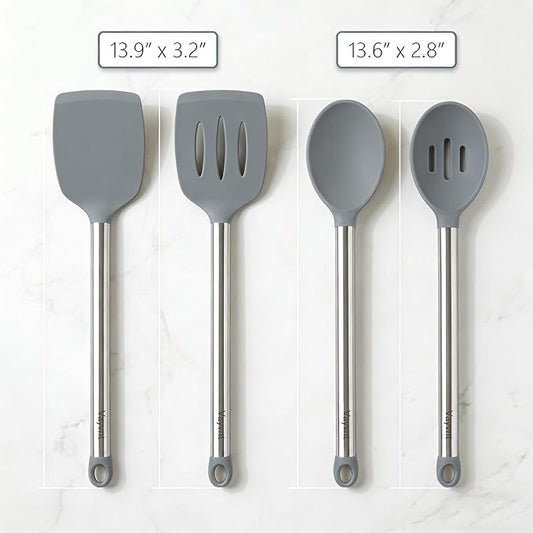 Vayvnt 4 PCS Cooking Utensils Set, Silicone Kitchen Spatula Set for Cooking, Non Toxic Silicone Kitchen Utensils with Stainless Steel Handle, Spoon and Turner, Heat Resistant&Dishwasher Safe, Gray