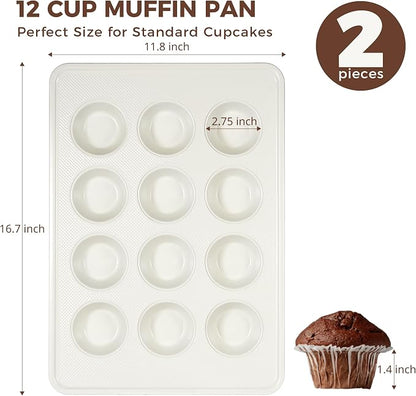 HONGBAKE 2 Pack Nonstick Ceramic Muffin Pan, 12 Cup Muffin tin for Baking, Non-toxic Cupcake Pan, Heavy-duty Aluminized Steel Cupcake Tray with Diamond Texture, Easy To Clean (Cream, 2PCS)