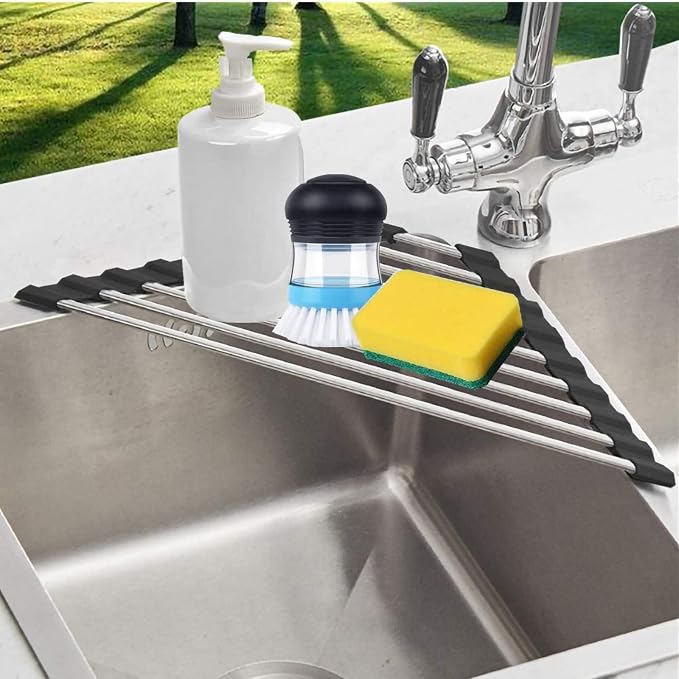 Triangle Dish Drying Rack for Sink Corner Roll Up Dish Drying Rack Folding Stainless Steel Multipurpose Over The Sink Corner Dish Drainer Mat for Kitchen (Black)