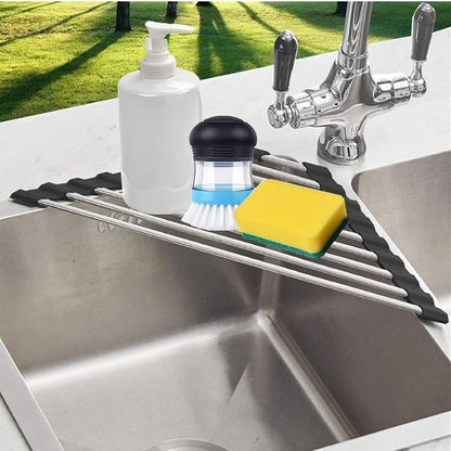 Triangle Dish Drying Rack for Sink Corner Roll Up Dish Drying Rack Folding Stainless Steel Multipurpose Over The Sink Corner Dish Drainer Mat for Kitchen (Black)