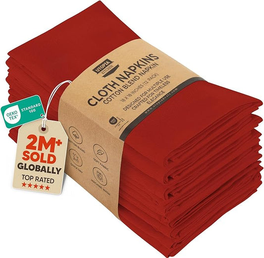 Utopia Kitchen Red Cloth Napkins [12 Pack, 18x18 Inch] Absorbent Cotton Blend Washable and Reusable for Dinner, Restaurant, Lunch, Wedding and Hotel
