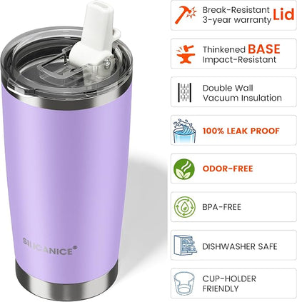 20oz Hygienic Insulated Tumbler — 100% Leakproof Lid with Removable Spout & Straw, Reinforced Vacuum-Protection Base, Cup Holder Friendly, for Iced Coffee, Smoothie/Water on the Go - Lilac