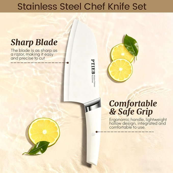 Knife Set, 6-Piece Kitchen Knife Set with Block, Stainless Steel Essentials Cutlery Block Set,Ultra-sharp Blades Chef Knives Set, Rust-Resistant, Ideal Housewarming Gift (White)