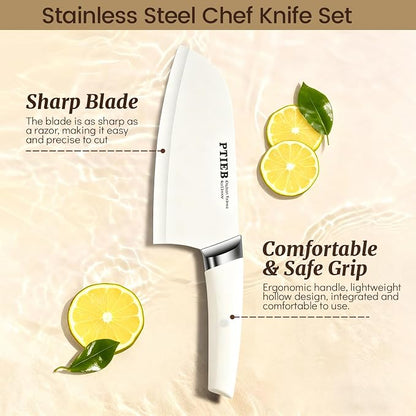 Knife Set, 6-Piece Kitchen Knife Set with Block, Stainless Steel Essentials Cutlery Block Set,Ultra-sharp Blades Chef Knives Set, Rust-Resistant, Ideal Housewarming Gift (White)