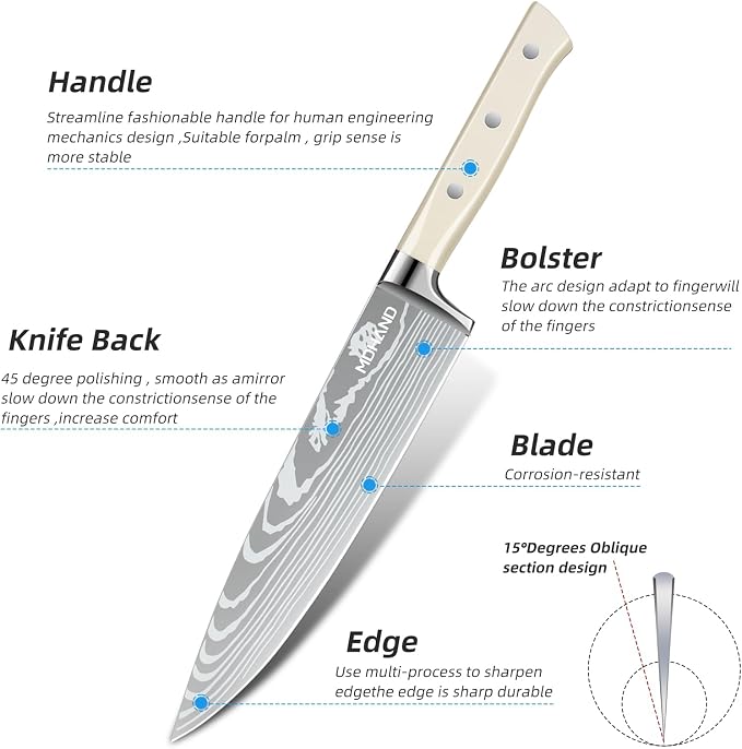 MDHAND Chef Knife Set with Roll Bag, 9PCS Professional Knife Set with Sharpener, High Carbon Stainless Steel Japanese Kitchen Knife Set - Forged Triple Rivet Handle, Dishwasher Safe, Chef Gifts, White