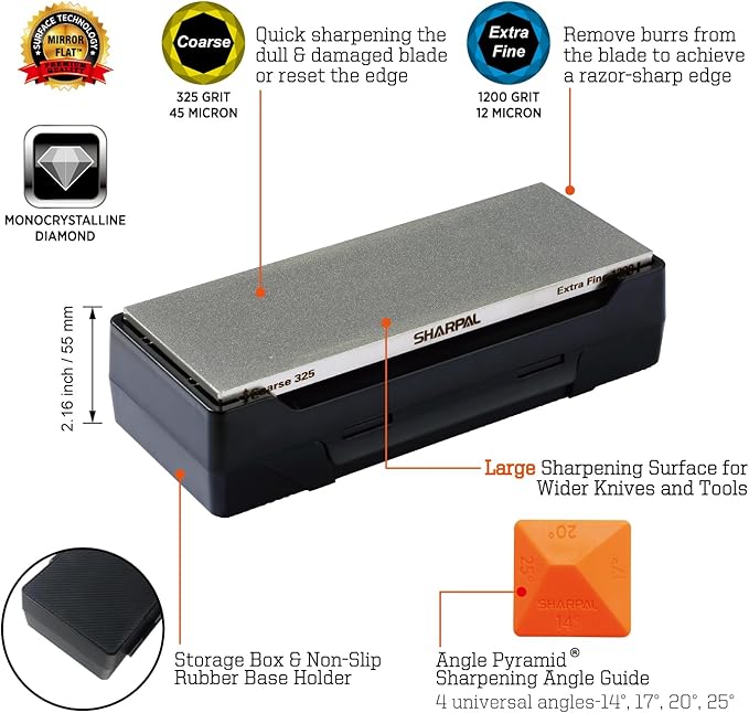 SHARPAL 162N Double-sided Diamond Sharpening Stone Whetstone Knife Sharpener |Coarse 325 / Extra Fine 1200 Grit | Storage Case with NonSlip Base & Angle Guide (8 in. x 3 in.) Fathers Day Gift