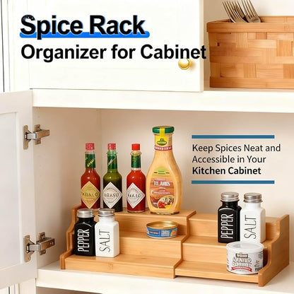 JinDoWin 2 Pack Bamboo Spice Organization for Cabinet, Cabinet Spice Organizer, 3-Tier Spice Rack Organizer for Cabinet, Kitchen Seasoning Organizer & Seasoning Rack