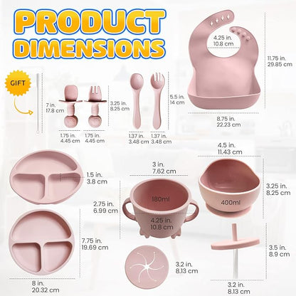 HippoBaby Baby Led Weaning Supplies |10 Piece Silicone Baby Feeding Set, Baby Toddler Bib Cup Divided Plate and Bowl Self Feeding Spoons Dish Set | Baby Utensils,Toddler Feeding Supplies (Rose Quartz)