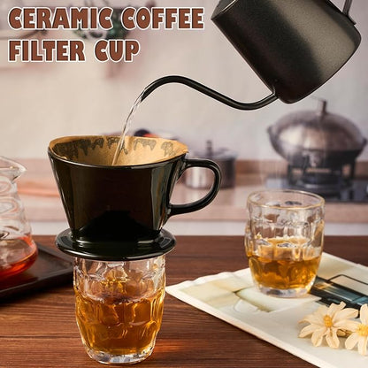 Pour Over Coffee Dripper, Ceramic Pour Over Coffee Maker with 3 Holes Flat Bottom, Easy Manual Brew Maker, Porcelain Slow Filter Cone for Travel, Camping, Office, Home,Black