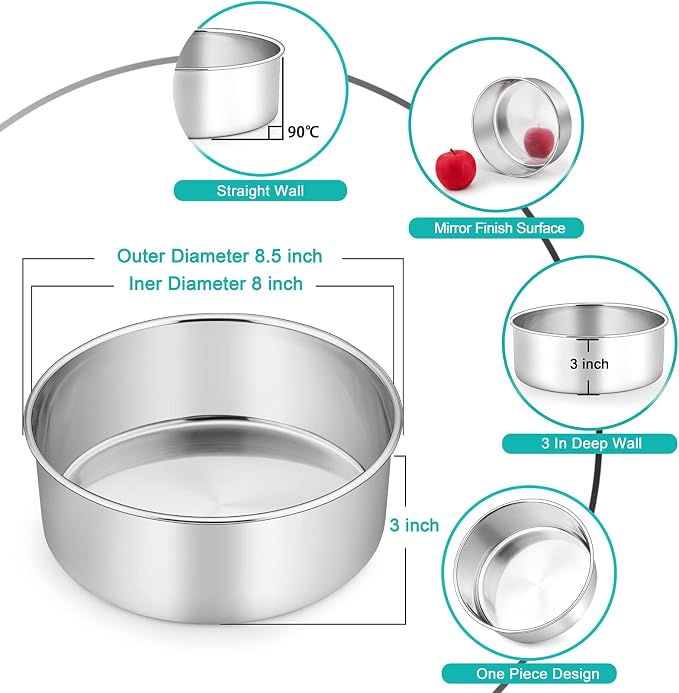 TeamFar Cake Pans, 2 PCS Stainless Steel Round 8 x 3 Inch Deep Baking Cake Pans for Wedding Birthday Party, Non-Toxic & Heavy Duty, Deep Wall & Straight Side, Dishwasher Safe
