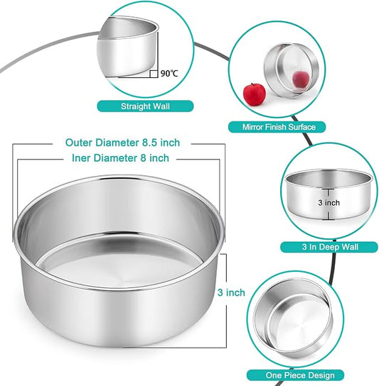 TeamFar Cake Pans, 2 PCS Stainless Steel Round 8 x 3 Inch Deep Baking Cake Pans for Wedding Birthday Party, Non-Toxic & Heavy Duty, Deep Wall & Straight Side, Dishwasher Safe