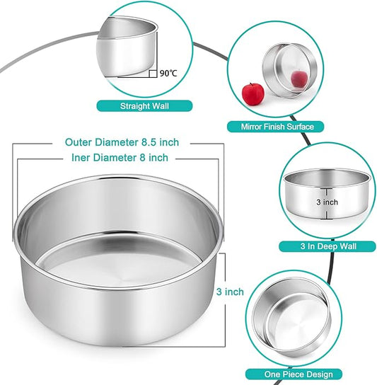 TeamFar Round Cake Pan, 8’’ x 3’’ Stainless Steel Deep Baking Roasting Cake Pan for Birthday Party Wedding, Non-Toxic & Heavy Duty, Deep & Straight Wall, Mirror Finish & Dishwasher Safe
