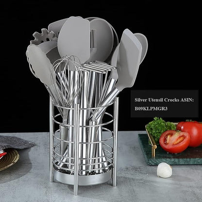 38 Piece Silicone kitchen Cooking Utensils Set with Utensil Rack, Silicone Head and Stainless Steel Handle Cookware, Kitchen Tools for Utensil Sets, Non-Stick kitchen Gadgets, Dishwasher Safe(Silver)